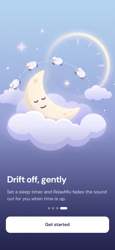 Onboarding screen: a sleeping moon on a cloud with the line Drift off, gently