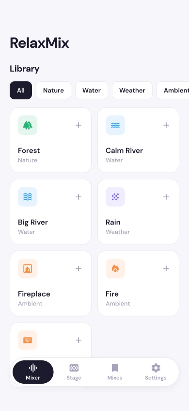 RelaxMix library with Forest, Rain and Fireplace selected