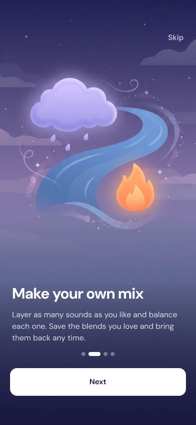 Onboarding screen: a cloud, a river and a flame with the line Make your own mix