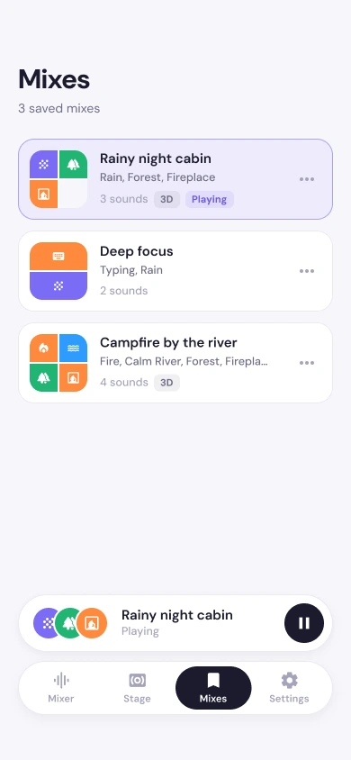 RelaxMix saved mixes list with Rainy night cabin, Deep focus and Campfire by the river