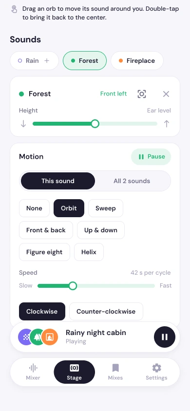RelaxMix stage inspector with motion paths such as Orbit, Sweep and Helix, plus speed and direction controls