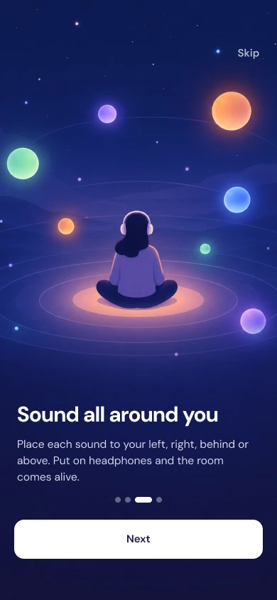 Onboarding screen: a listener among glowing orbs with the line Sound all around you