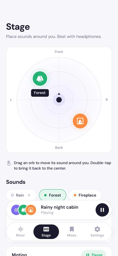 RelaxMix stage showing a Forest and a Fireplace orb placed around the listener