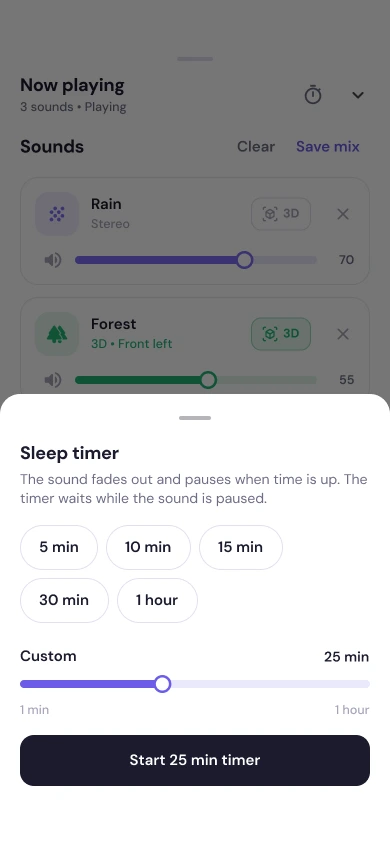 RelaxMix sleep timer sheet with 5, 10, 15 and 30 minute options and a custom slider