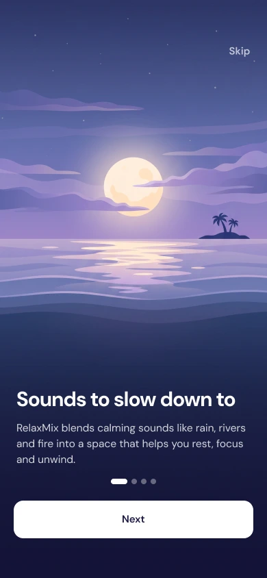 Welcome screen: a moon over a calm sea with the line Sounds to slow down to